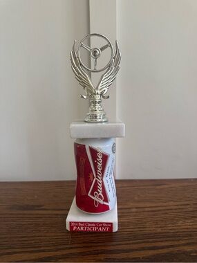 Budweiser Red and White Can Trophy with Silver Topper